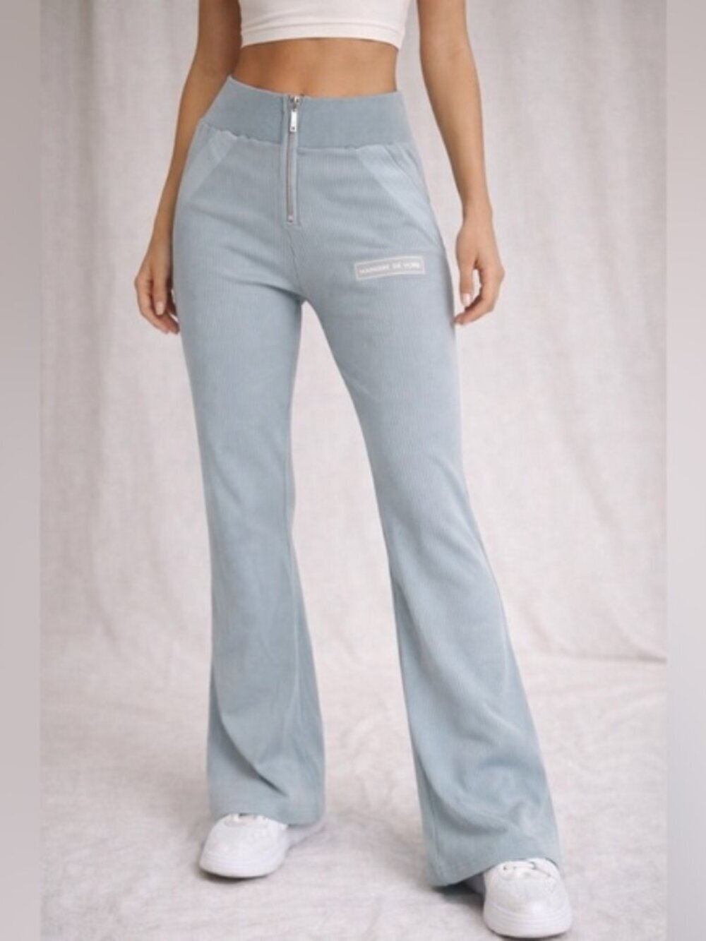 Manière De Voir Ribbed Zip Front Flare Pants Baby Blue-Green Size 6